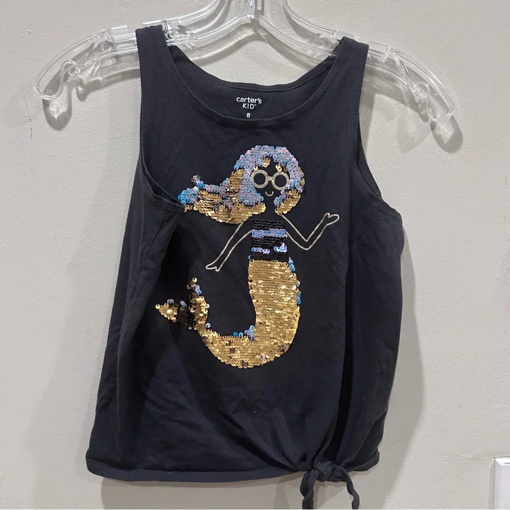 Carters Girls Black Mermaid Glitter Tie Front Tank Top Flip Sequins Shirt XS